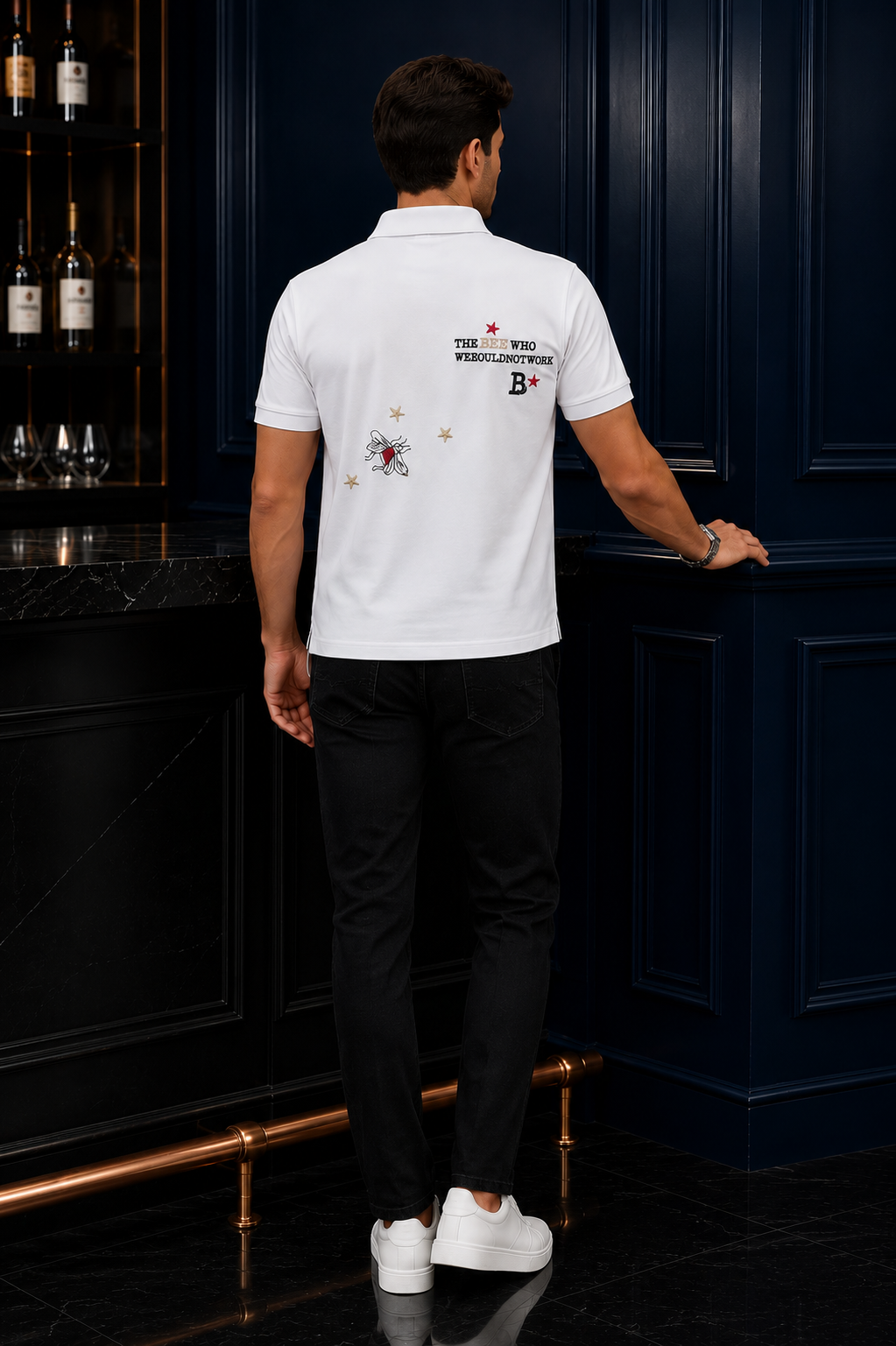 TENAXTEES Men's White Flying Birds Embroidered Polo T-Shirt
