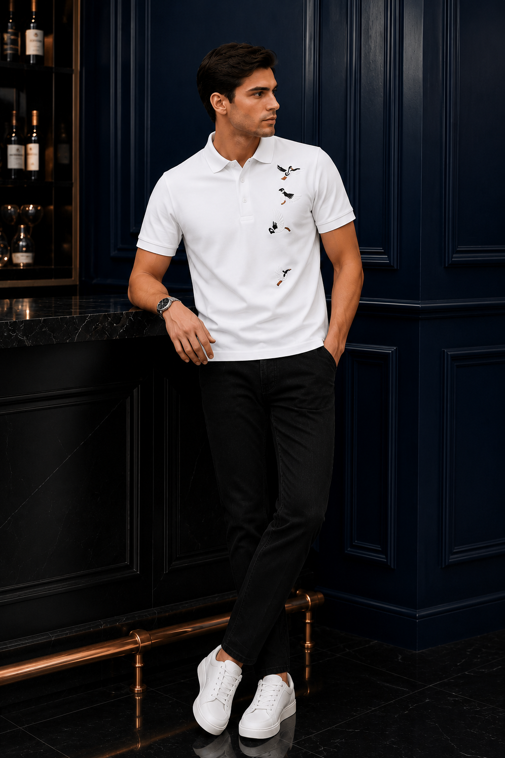TENAXTEES Men's White Flying Birds Embroidered Polo T-Shirt