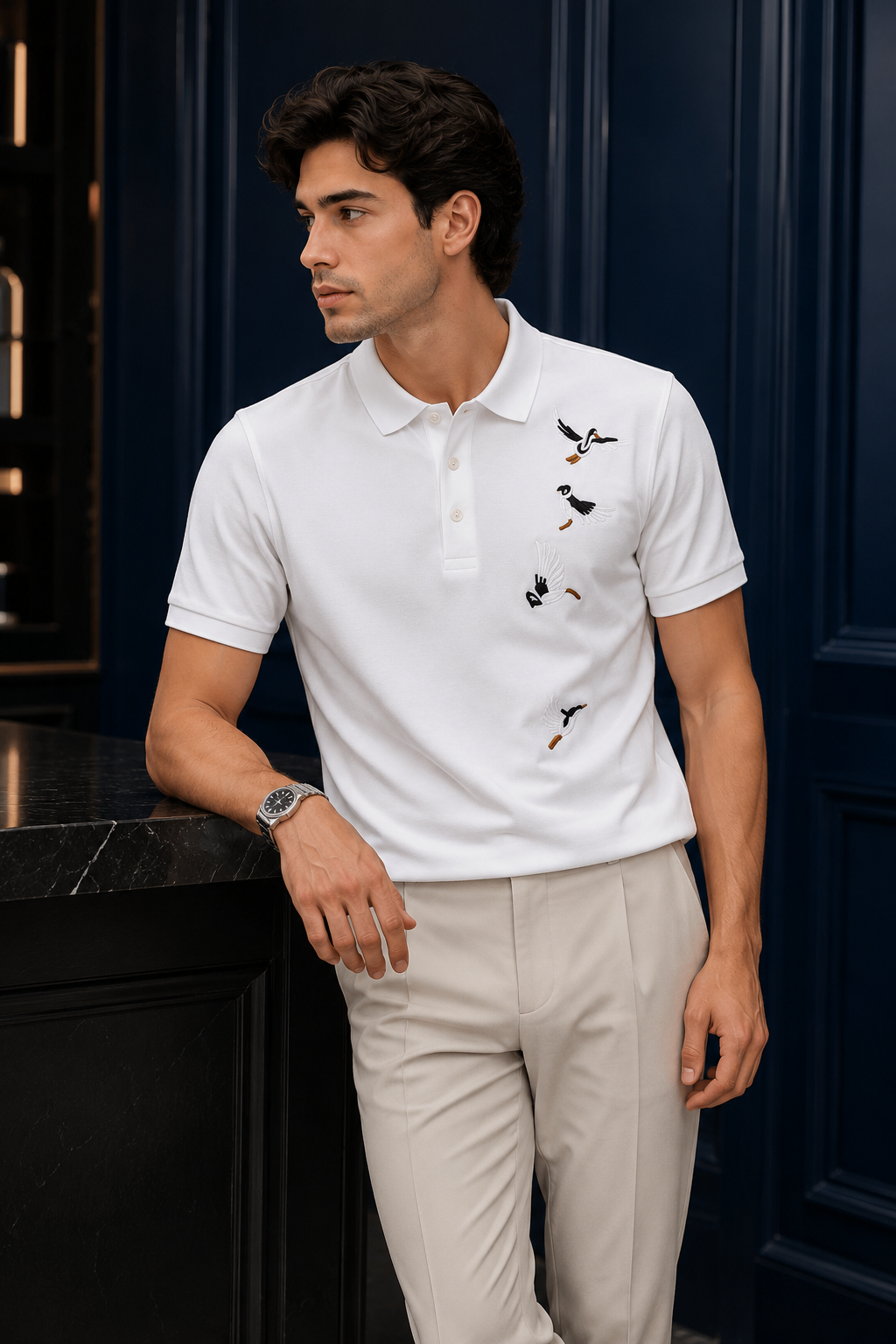 TENAXTEES Men's White Flying Birds Embroidered Polo T-Shirt