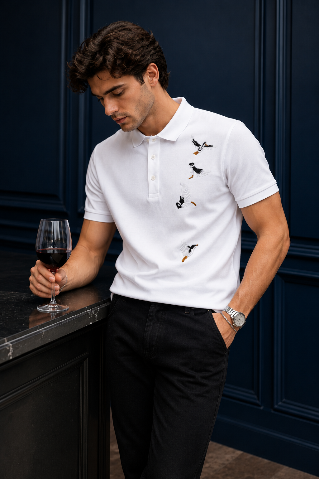 TENAXTEES Men's White Flying Birds Embroidered Polo T-Shirt