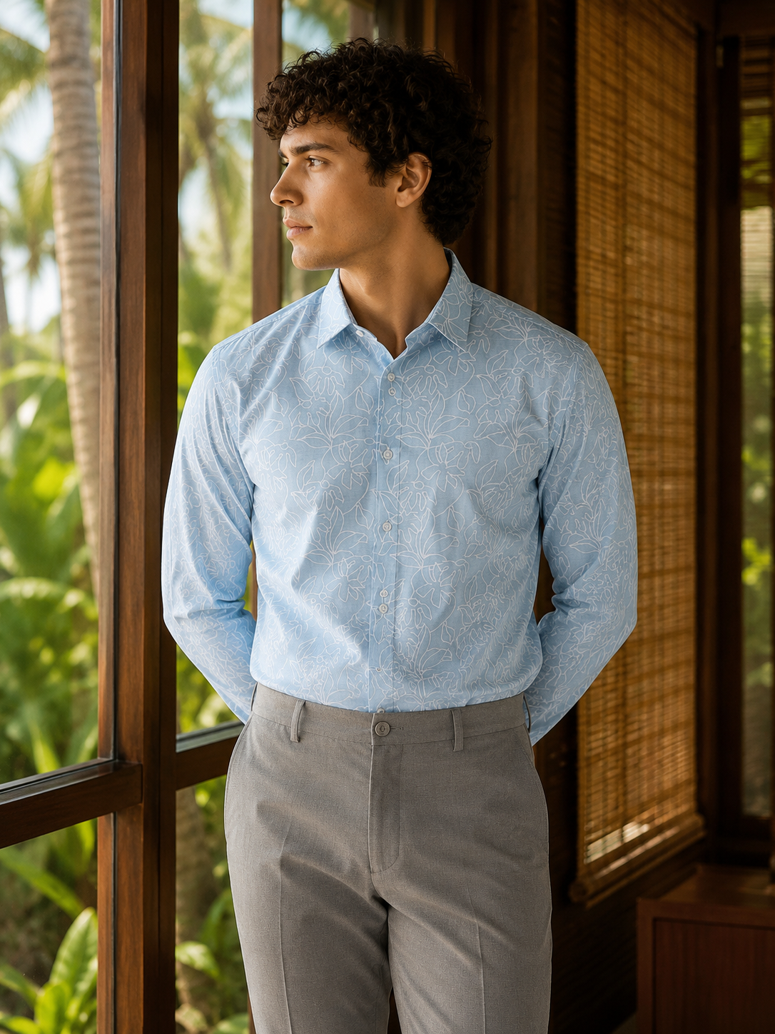 Men's Sky Blue Floral Print Premium Linen Shirt
