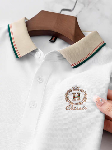 Men's Elegant Emblem Stripe Collar Polo T-Shirt