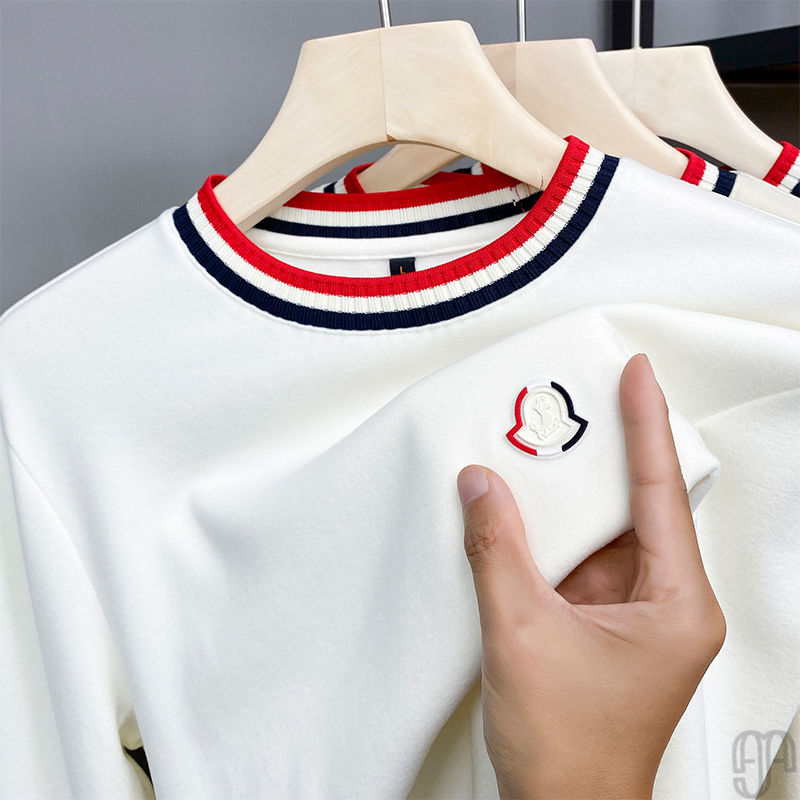 Sportive Stripe-Collar Embroidered Crewneck T-Shirt