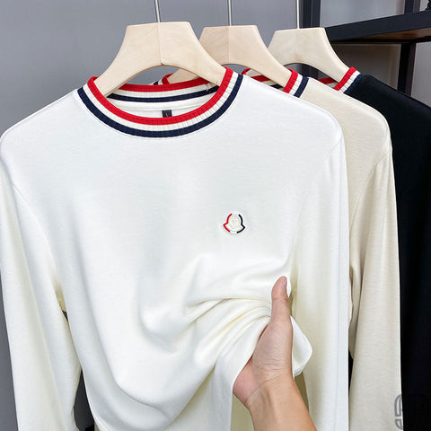 Sportive Stripe-Collar Embroidered Crewneck T-Shirt