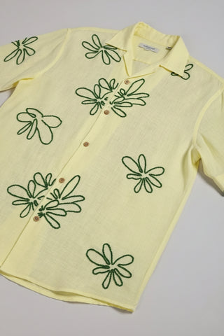 Handcrafted Linen Shirt – Green Thread Floral Embroidery – Pure Linen Comfort