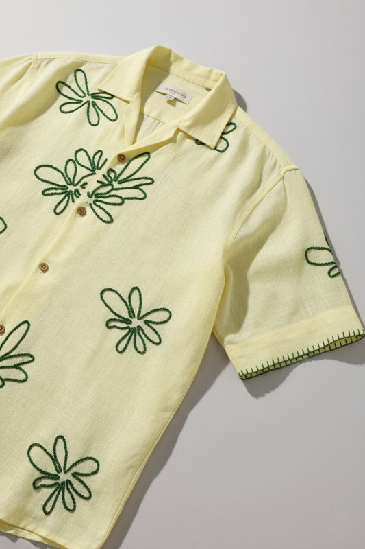 Handcrafted Linen Shirt – Green Thread Floral Embroidery – Pure Linen Comfort