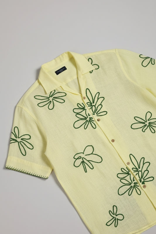 Handcrafted Linen Shirt – Green Thread Floral Embroidery – Pure Linen Comfort