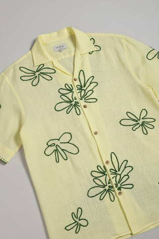 Handcrafted Linen Shirt – Green Thread Floral Embroidery – Pure Linen Comfort