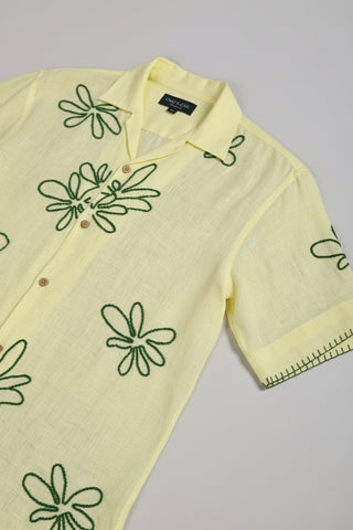 Handcrafted Linen Shirt – Green Thread Floral Embroidery – Pure Linen Comfort