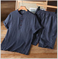Men's Navy Blue Linen Blend Mandarin Collar Co-Ord Set