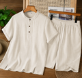 Men's Off White Linen Blend Mandarin Collar Co-Ord Set