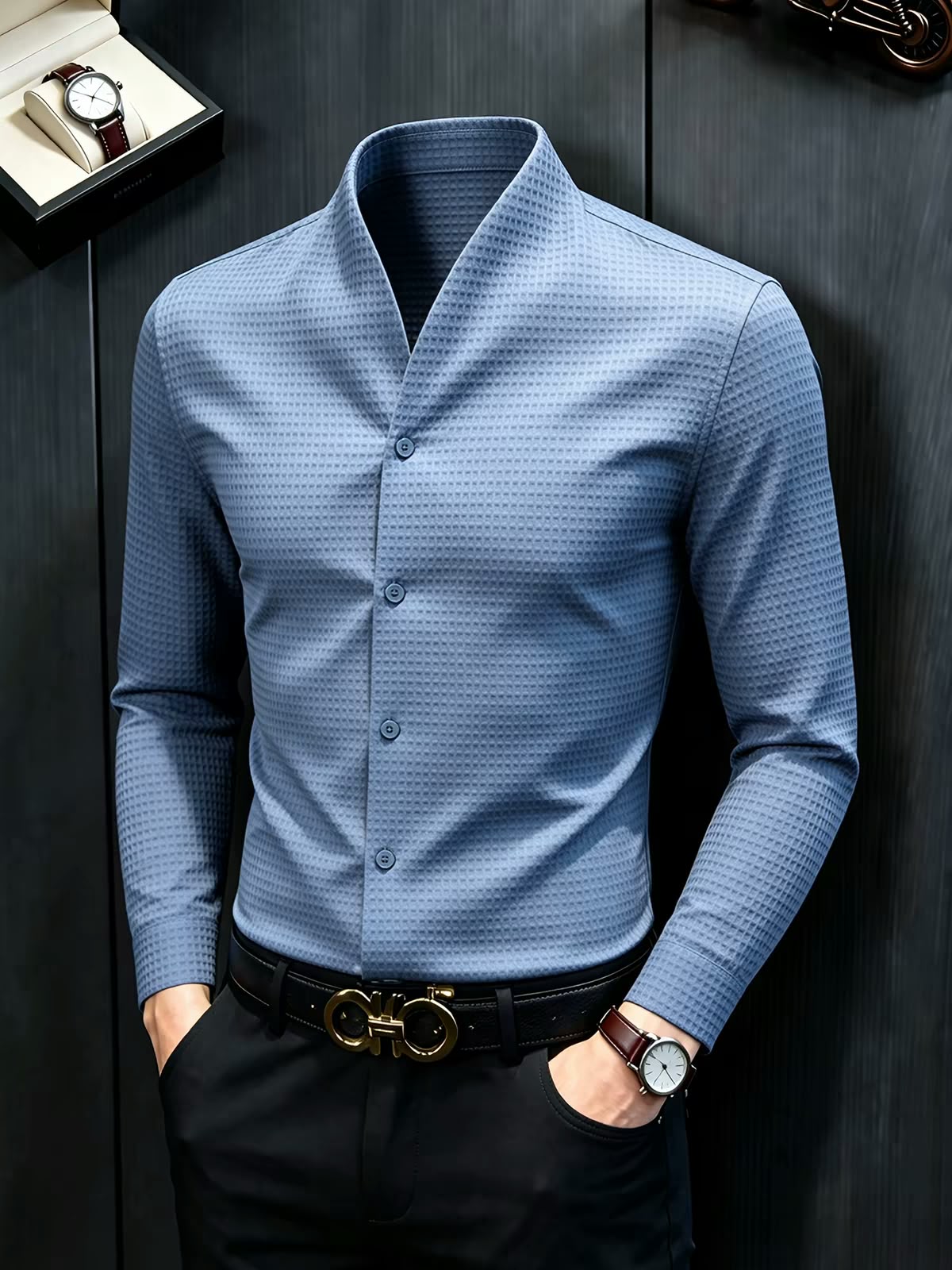 Men's Waffle Texture Shawl Collar Full Sleeve Shirt