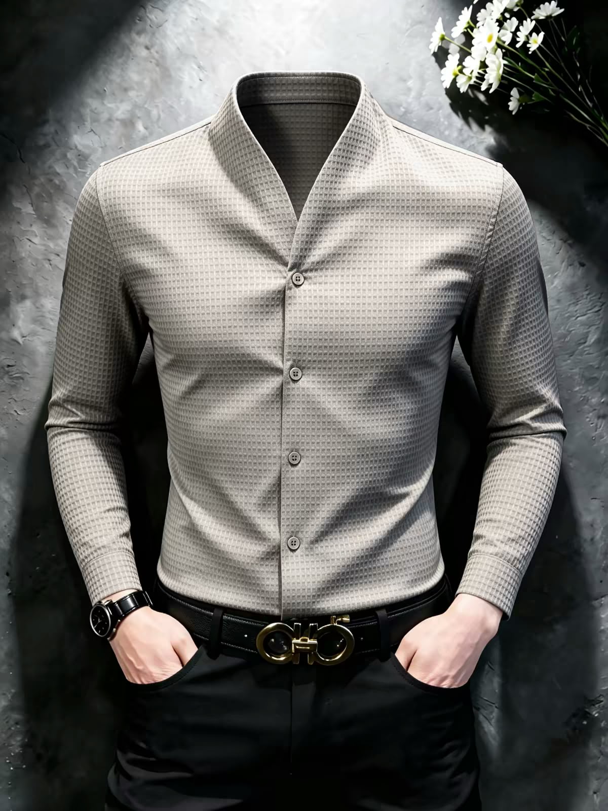 Men's Waffle Texture Shawl Collar Full Sleeve Shirt