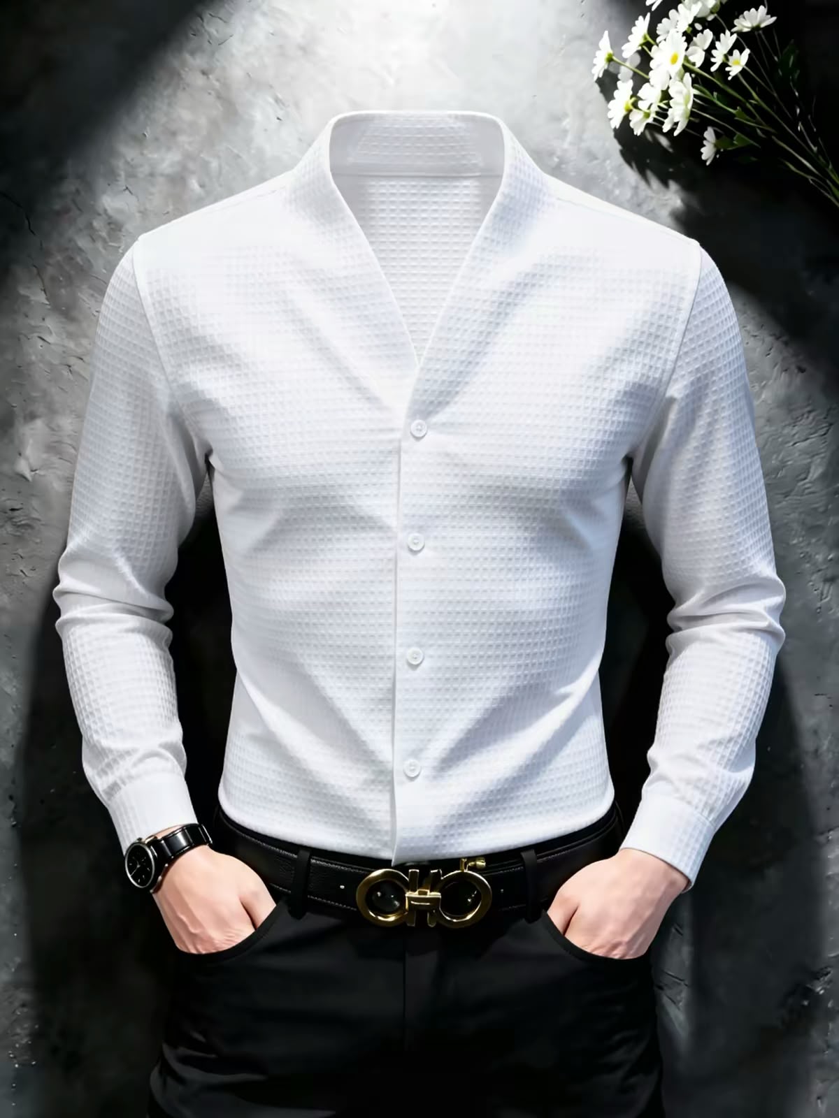 Men's Waffle Texture Shawl Collar Full Sleeve Shirt