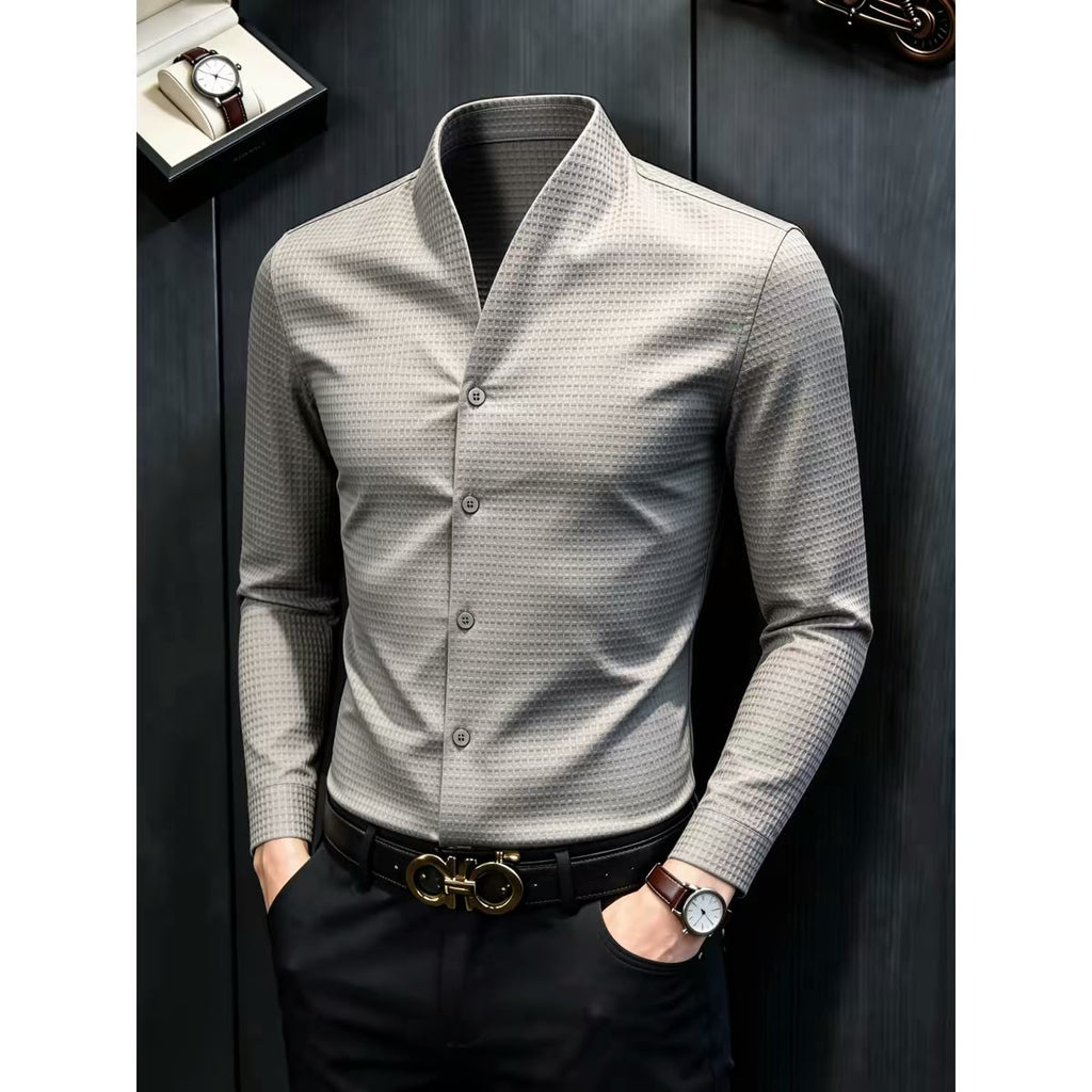 Men's Waffle Texture Shawl Collar Full Sleeve Shirt