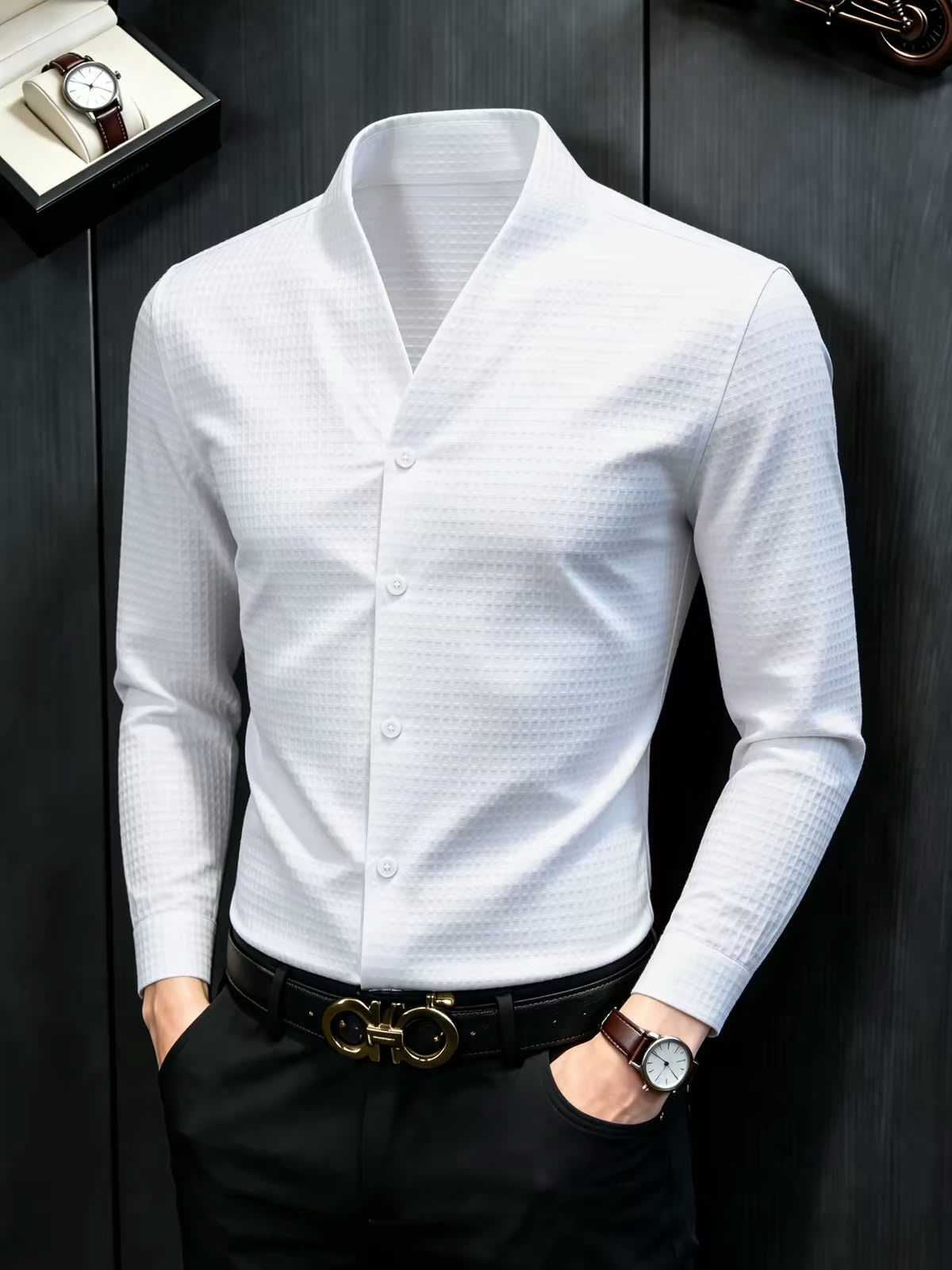 Men's Waffle Texture Shawl Collar Full Sleeve Shirt