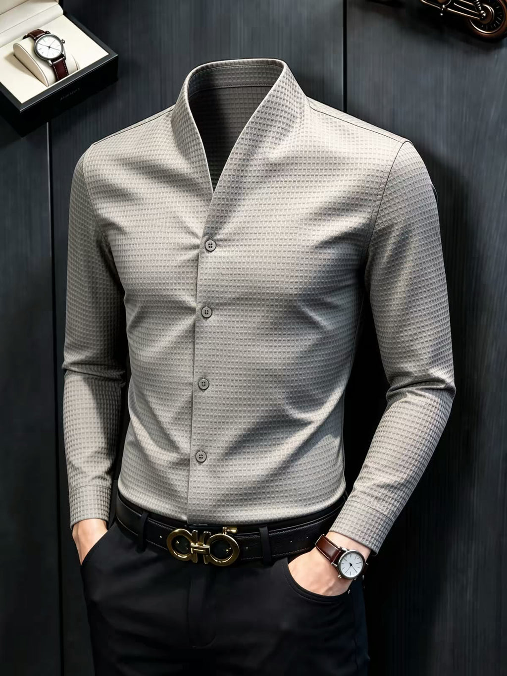 Men's Waffle Texture Shawl Collar Full Sleeve Shirt