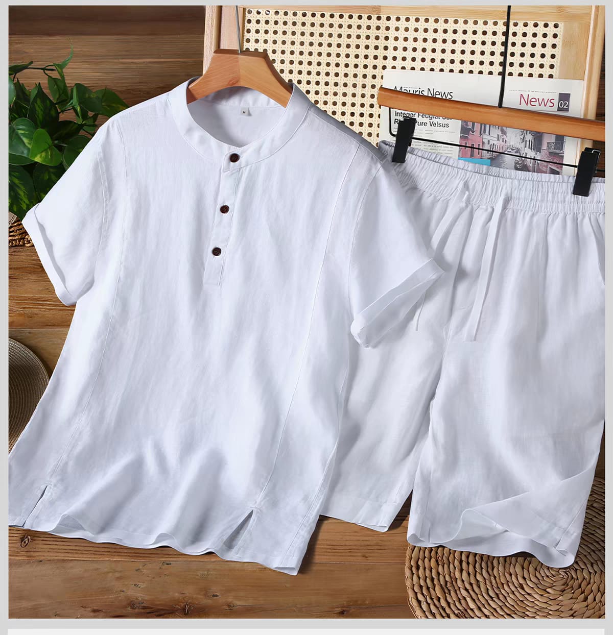 Men's White Linen Blend Mandarin Collar Co-Ord Set
