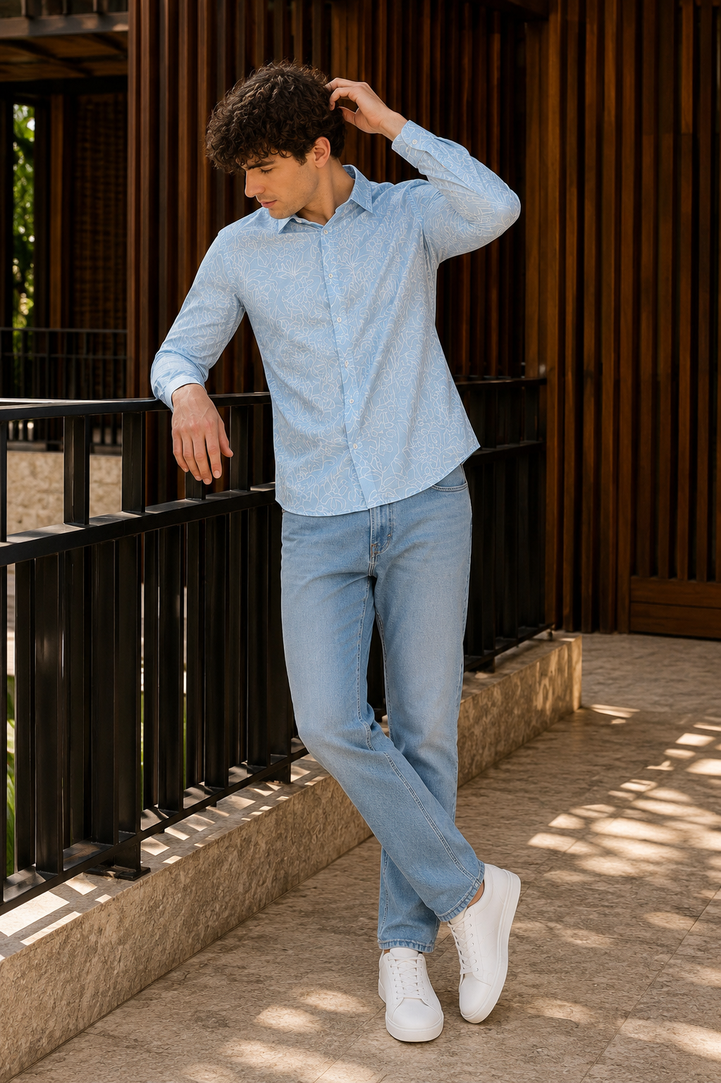 Men's Sky Blue Floral Print Premium Linen Shirt