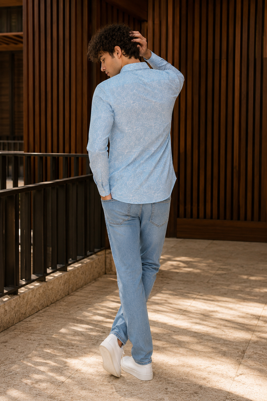 Men's Sky Blue Floral Print Premium Linen Shirt