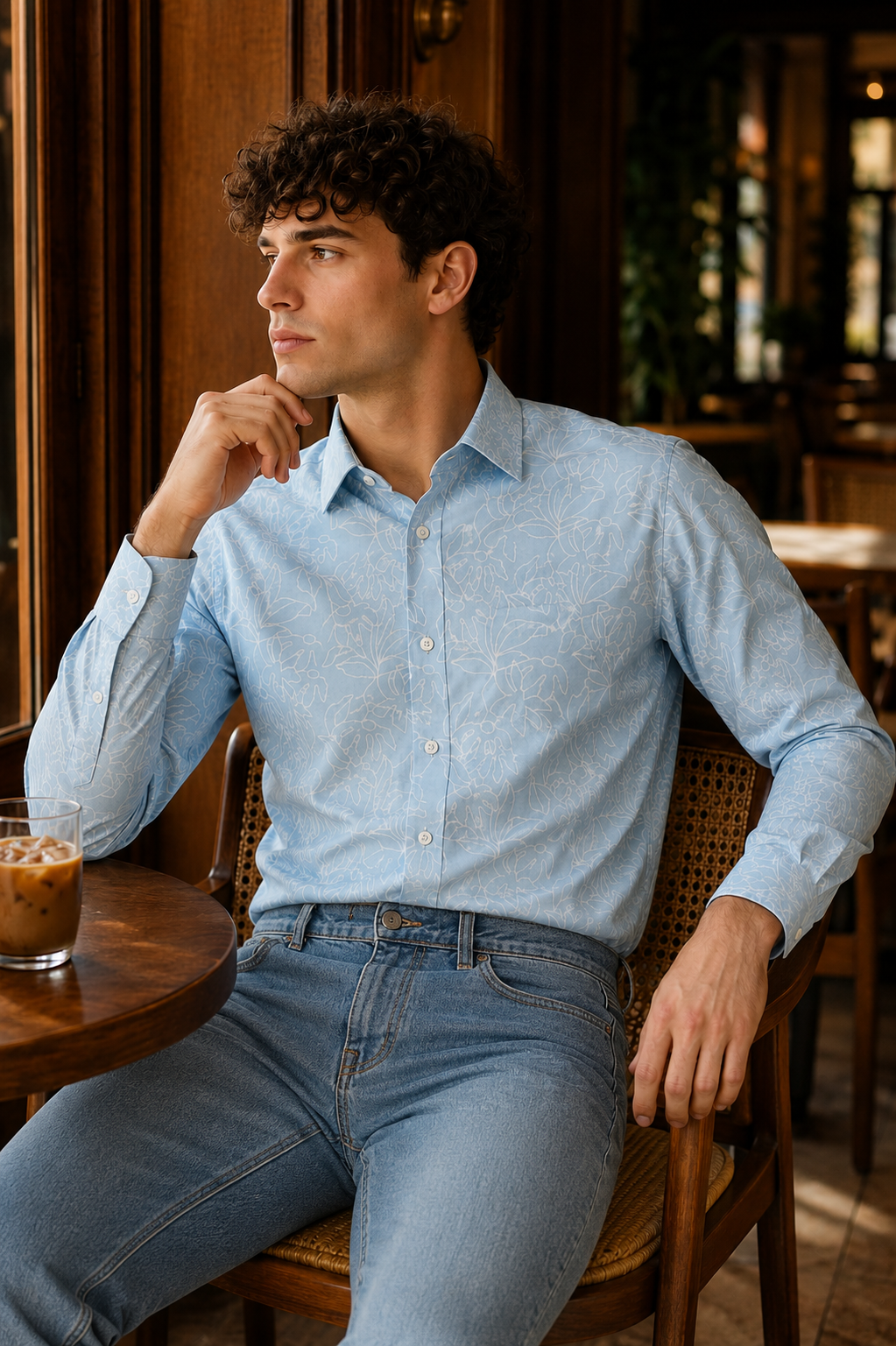Men's Sky Blue Floral Print Premium Linen Shirt