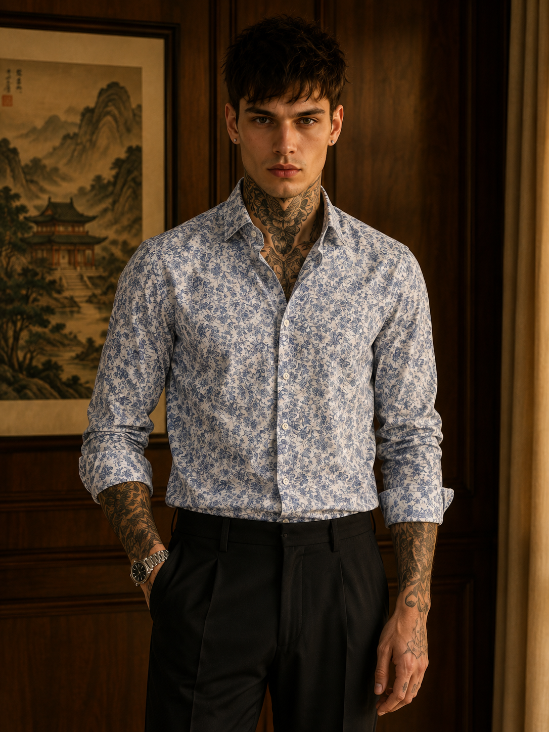 Men's All-Over Floral Print Premium Linen Shirt