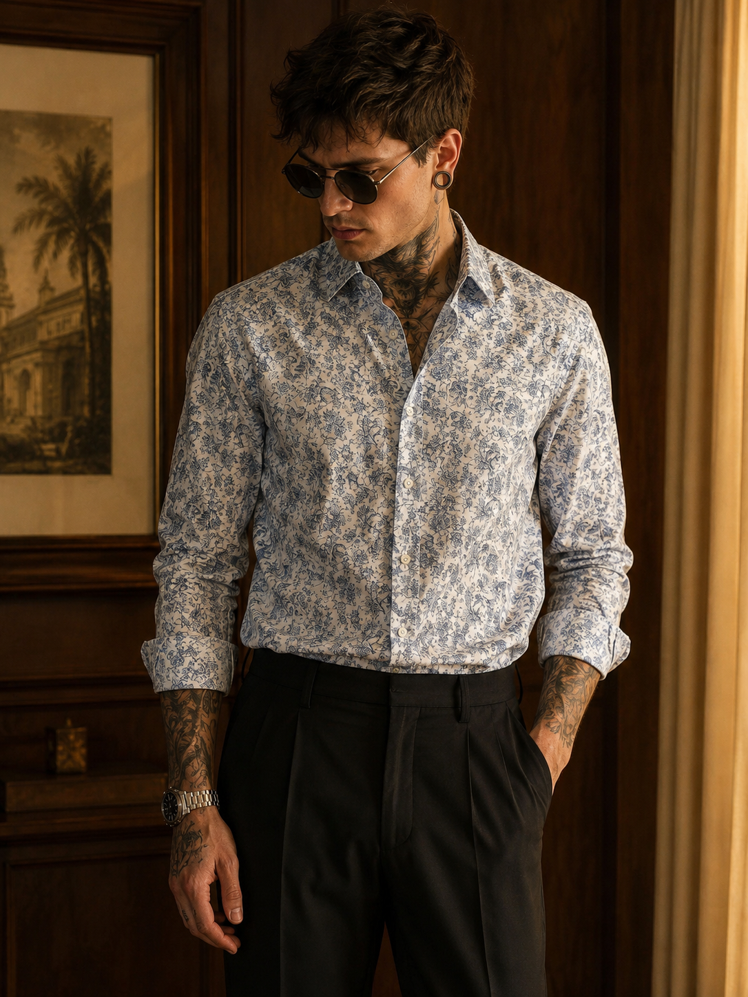 Men's All-Over Floral Print Premium Linen Shirt