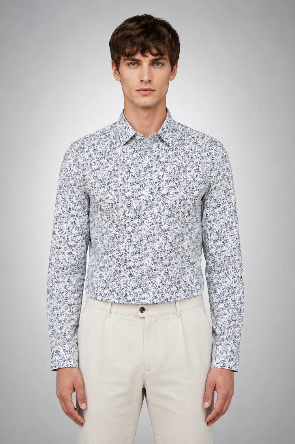 Men's White Blue Floral Print Premium Linen Shirt