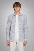 Men's White Blue Floral Print Premium Linen Shirt