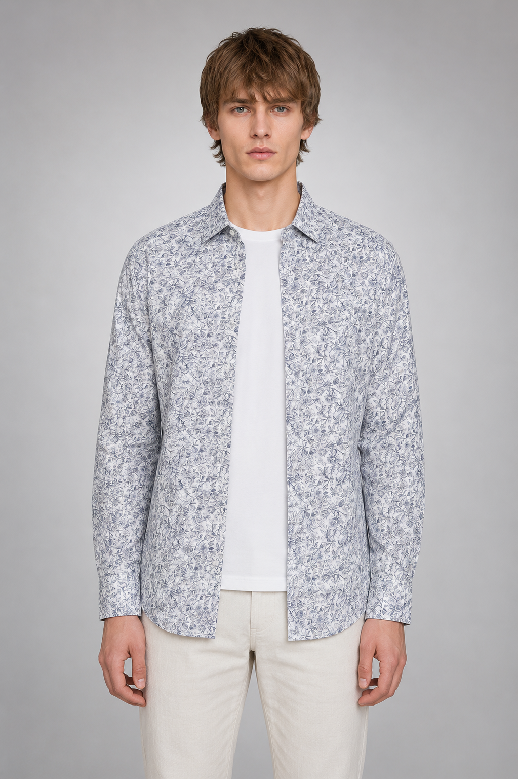 Men's White Blue Floral Print Premium Linen Shirt