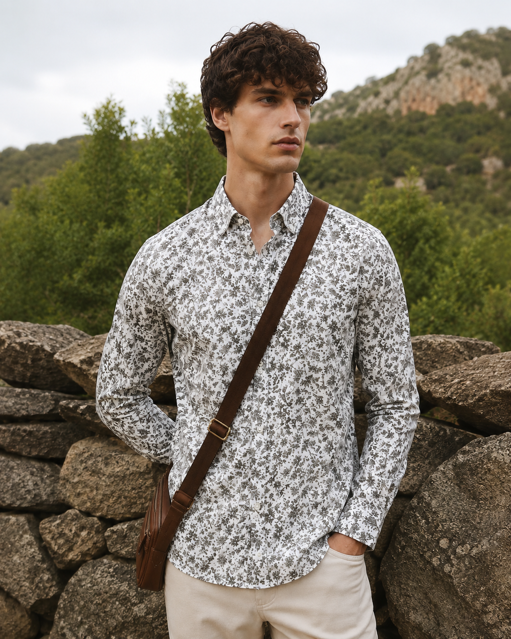 Men's White Floral Print Premium Linen Shirt