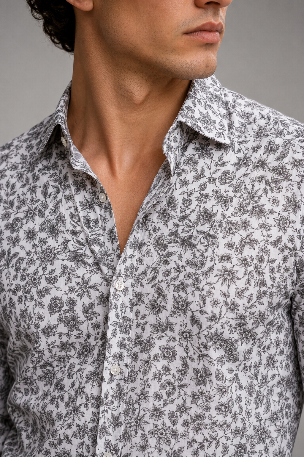 Men's White Floral Print Premium Linen Shirt