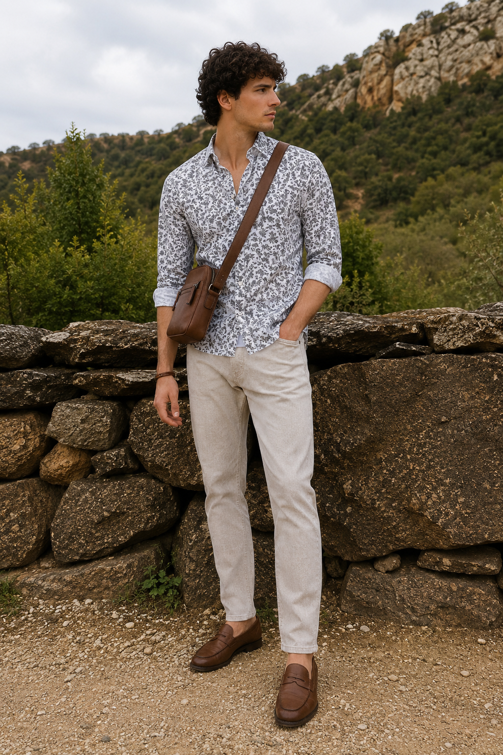 Men's White Floral Print Premium Linen Shirt
