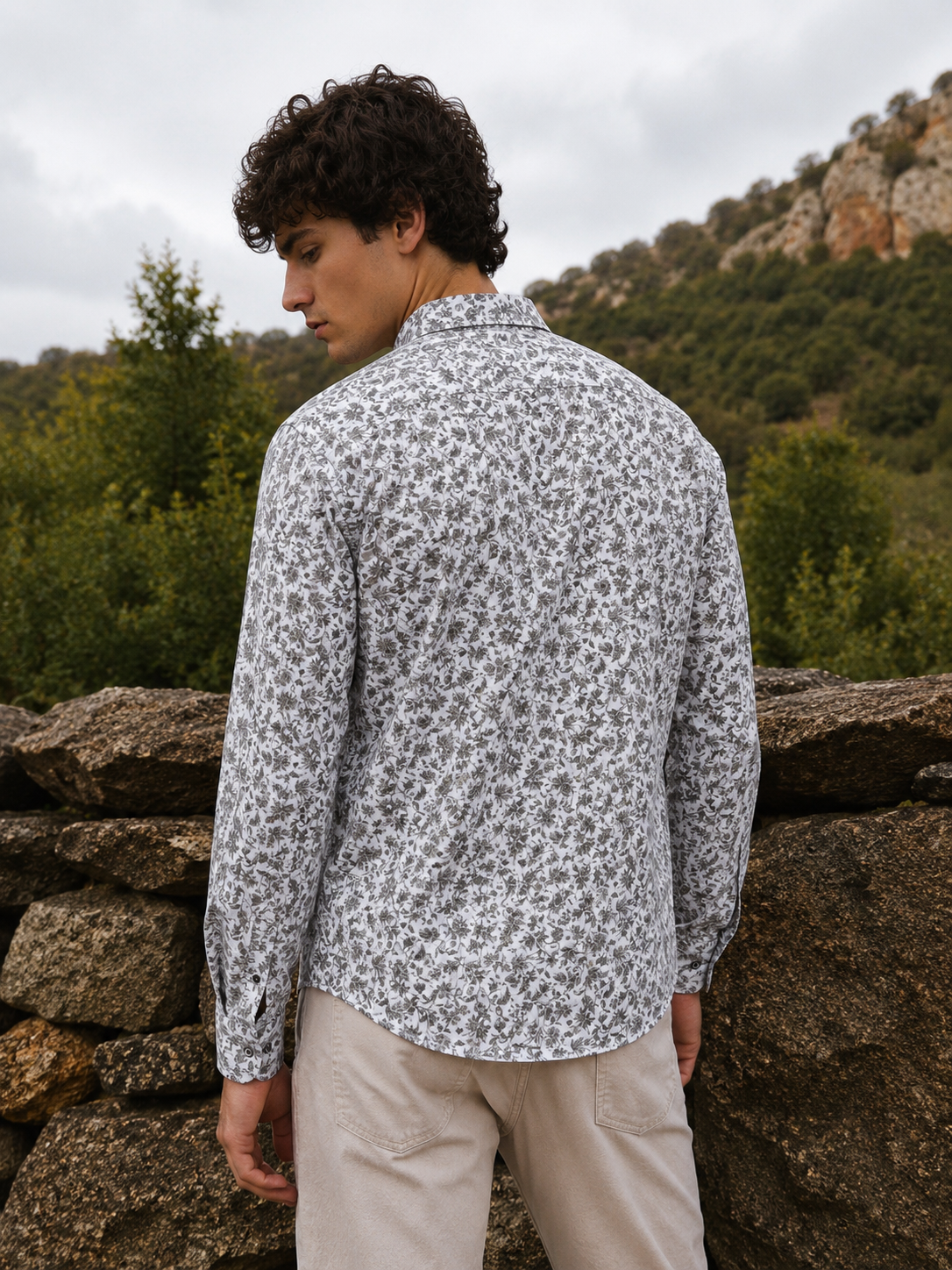 Men's White Floral Print Premium Linen Shirt