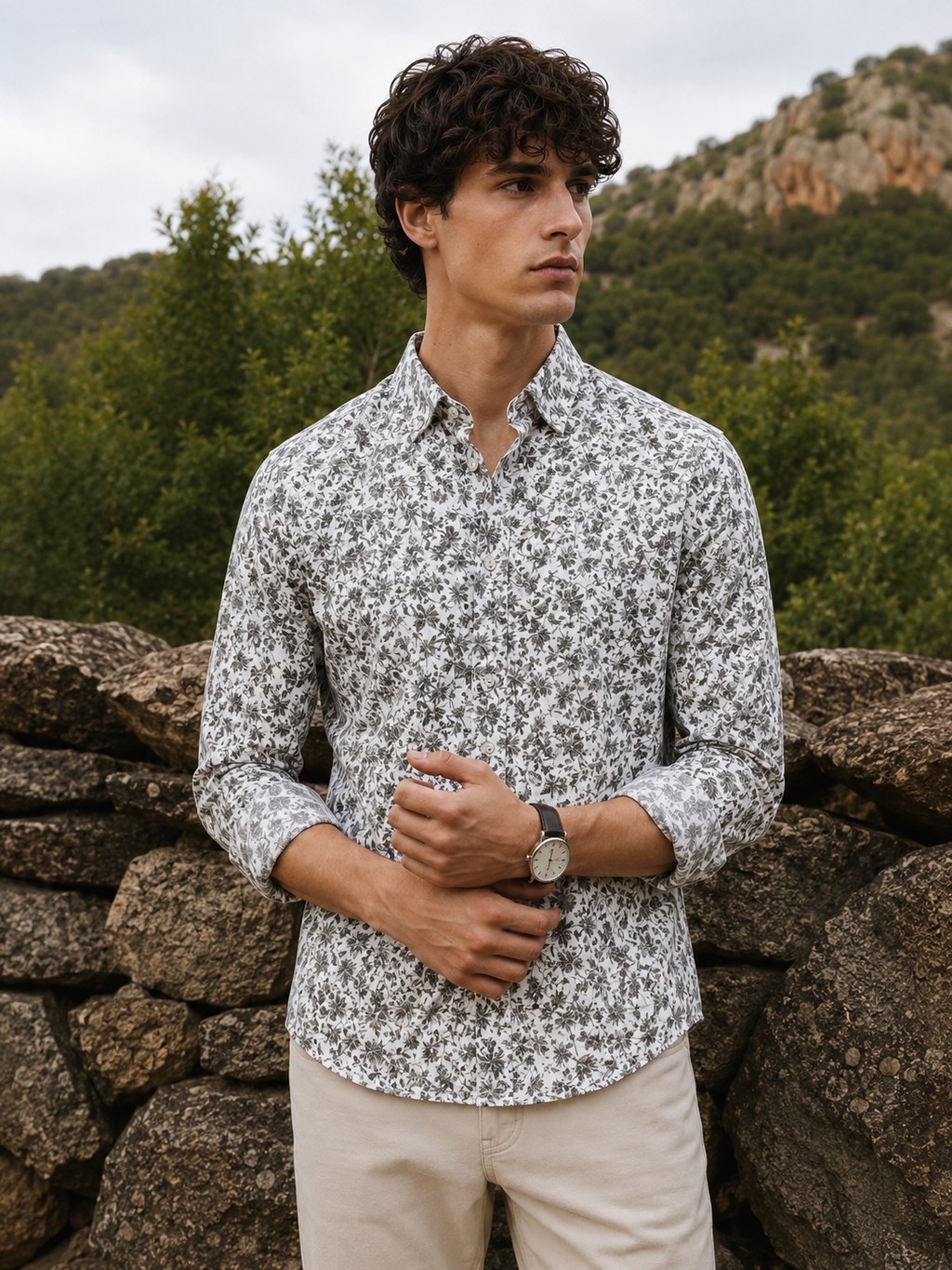 Men's White Floral Print Premium Linen Shirt