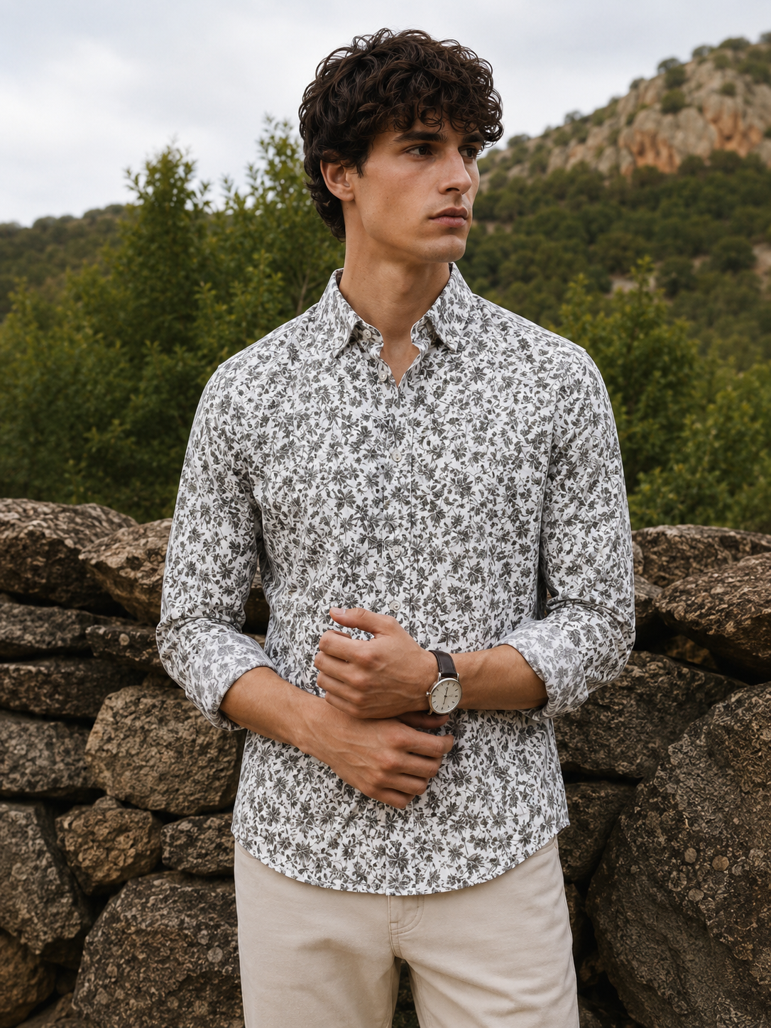 Men's White Floral Print Premium Linen Shirt