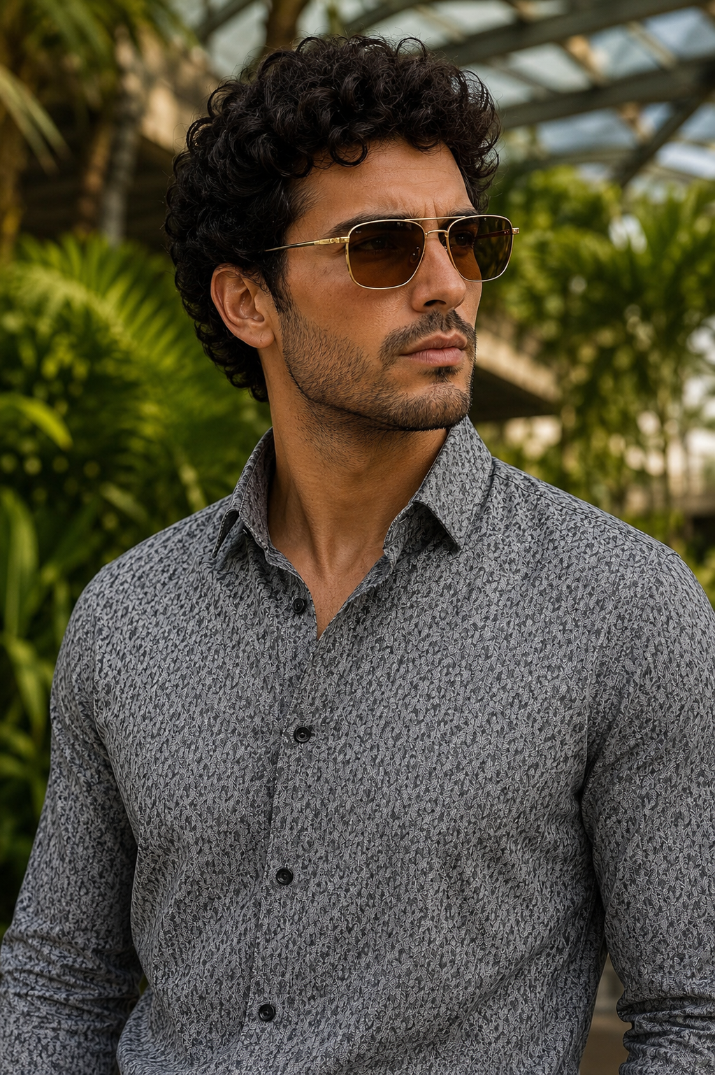 Men's Charcoal Grey Floral Print Premium Linen Shirt
