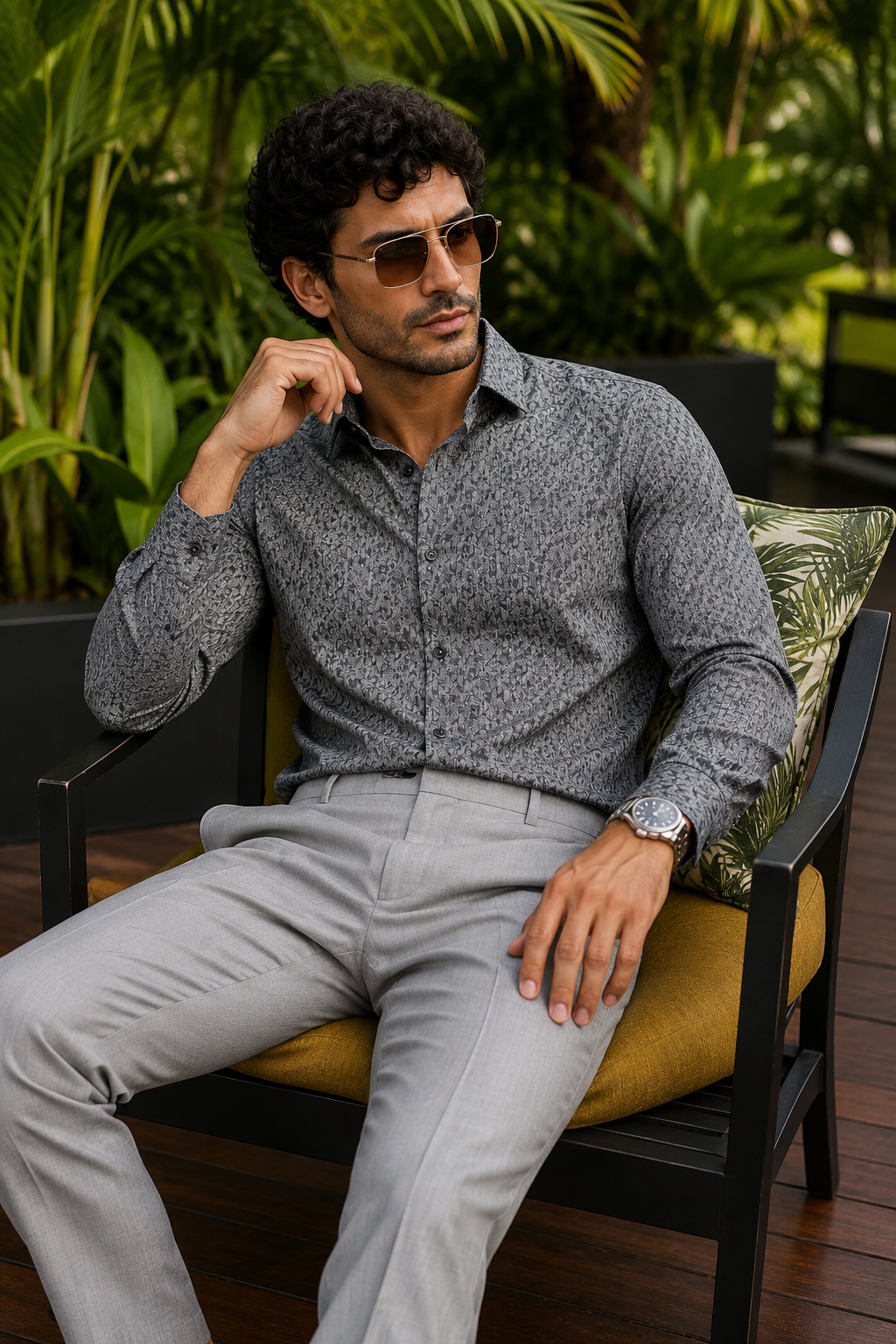 Men's Charcoal Grey Floral Print Premium Linen Shirt