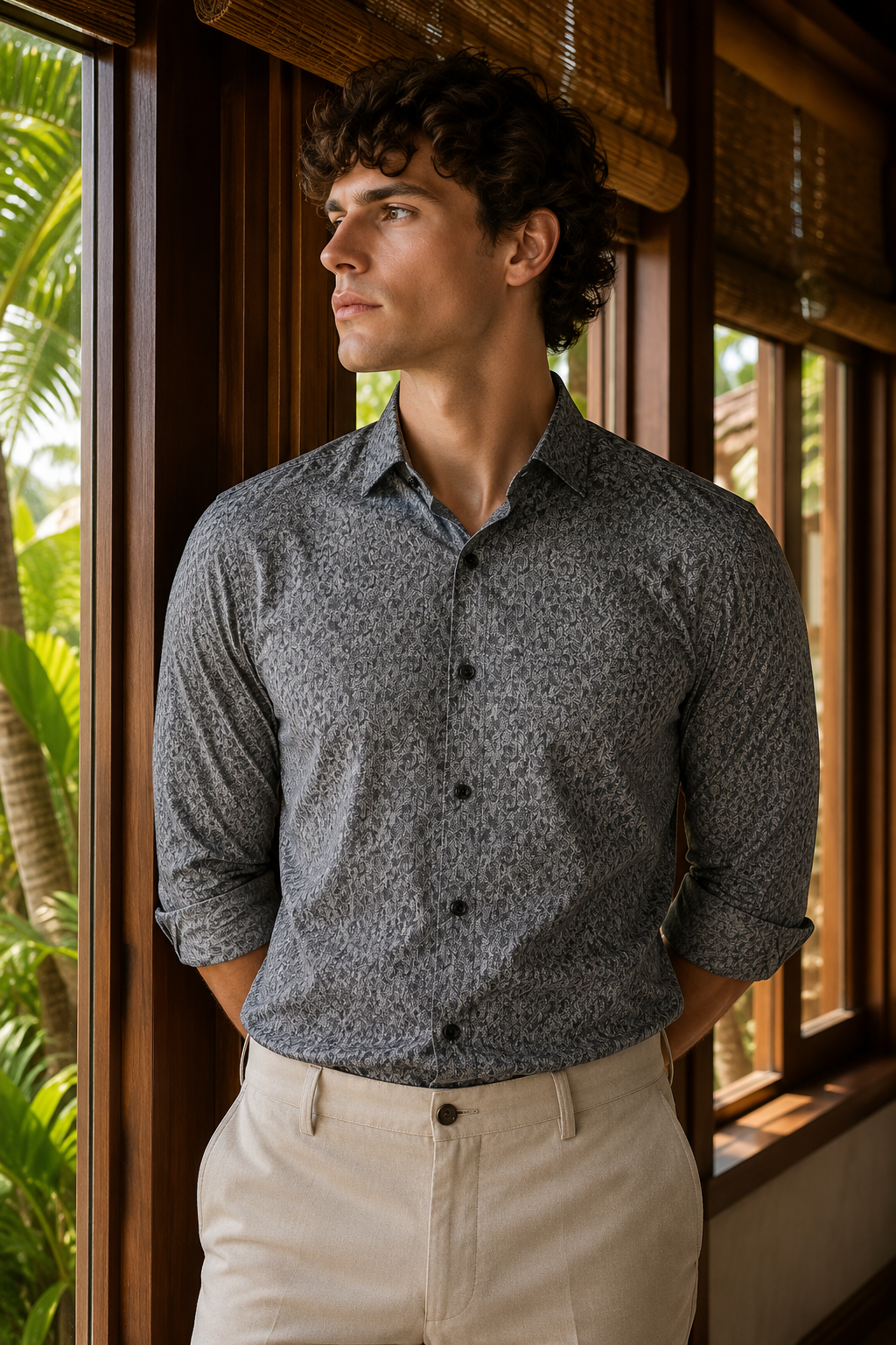 Men's Charcoal Grey Floral Print Premium Linen Shirt