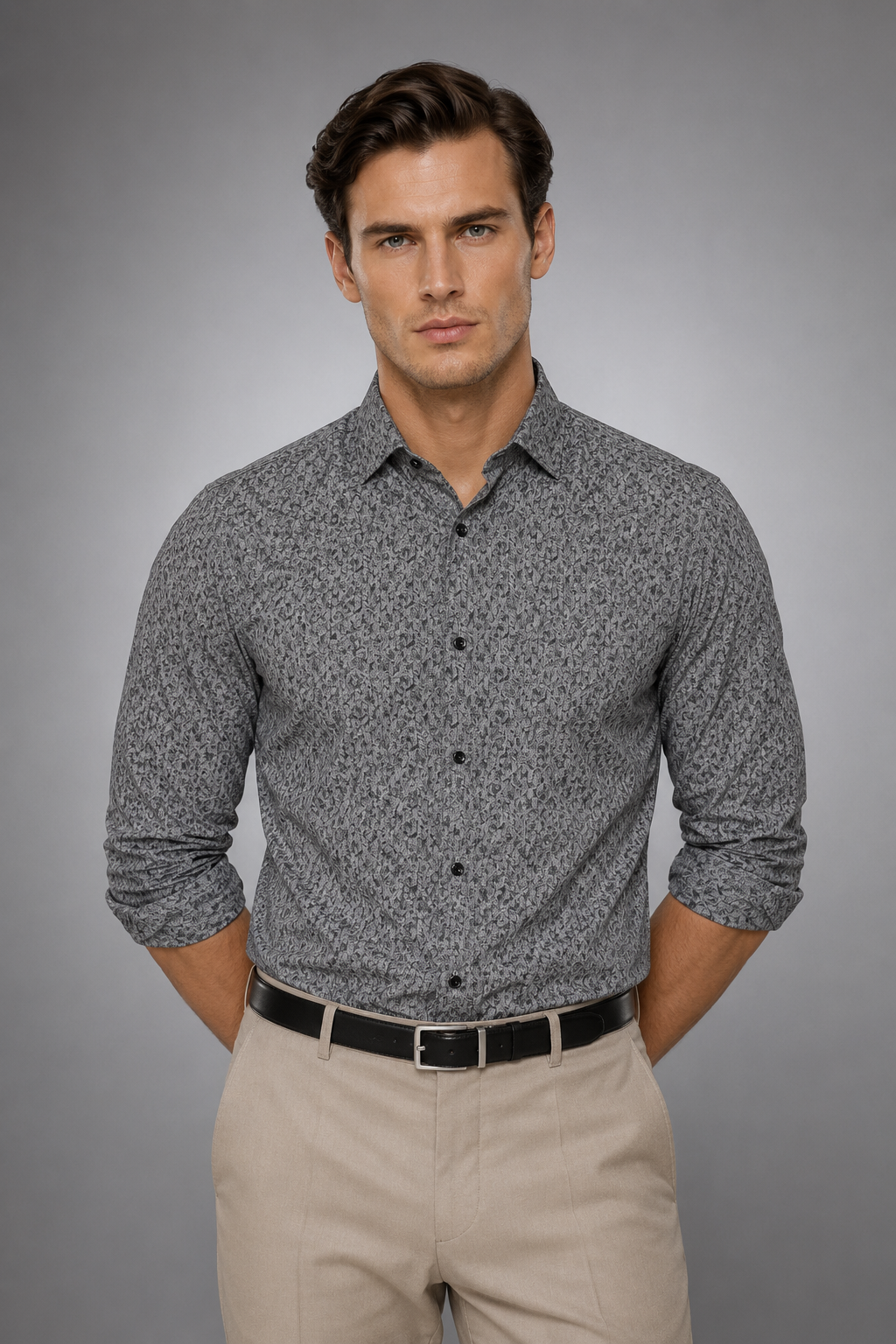 Men's Charcoal Grey Floral Print Premium Linen Shirt