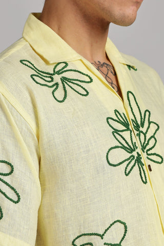 Handcrafted Linen Shirt – Green Thread Floral Embroidery – Pure Linen Comfort