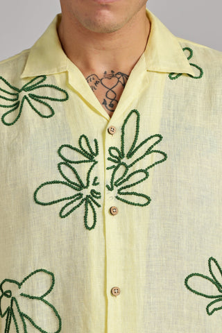 Handcrafted Linen Shirt – Green Thread Floral Embroidery – Pure Linen Comfort