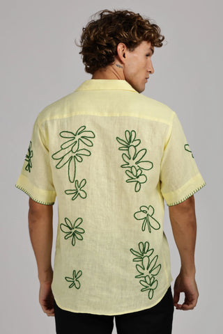 Handcrafted Linen Shirt – Green Thread Floral Embroidery – Pure Linen Comfort