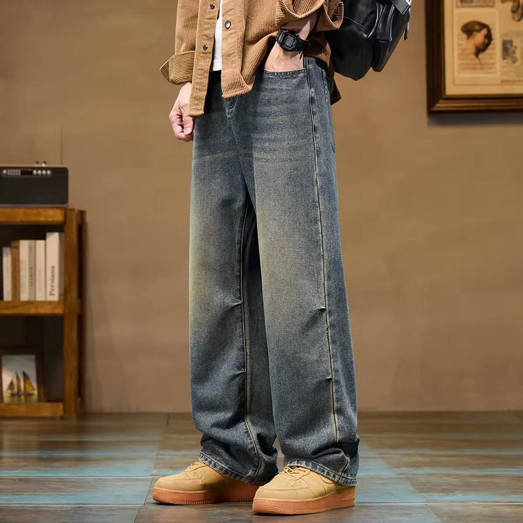 Men's Washed Grey Relaxed Fit Wide Leg Jeans