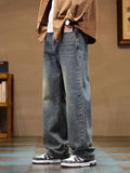 Men's Washed Blue Relaxed Fit Wide Leg Jeans