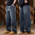 Men's Washed Dark Blue Relaxed Fit Drawstring Wide Leg Jeans