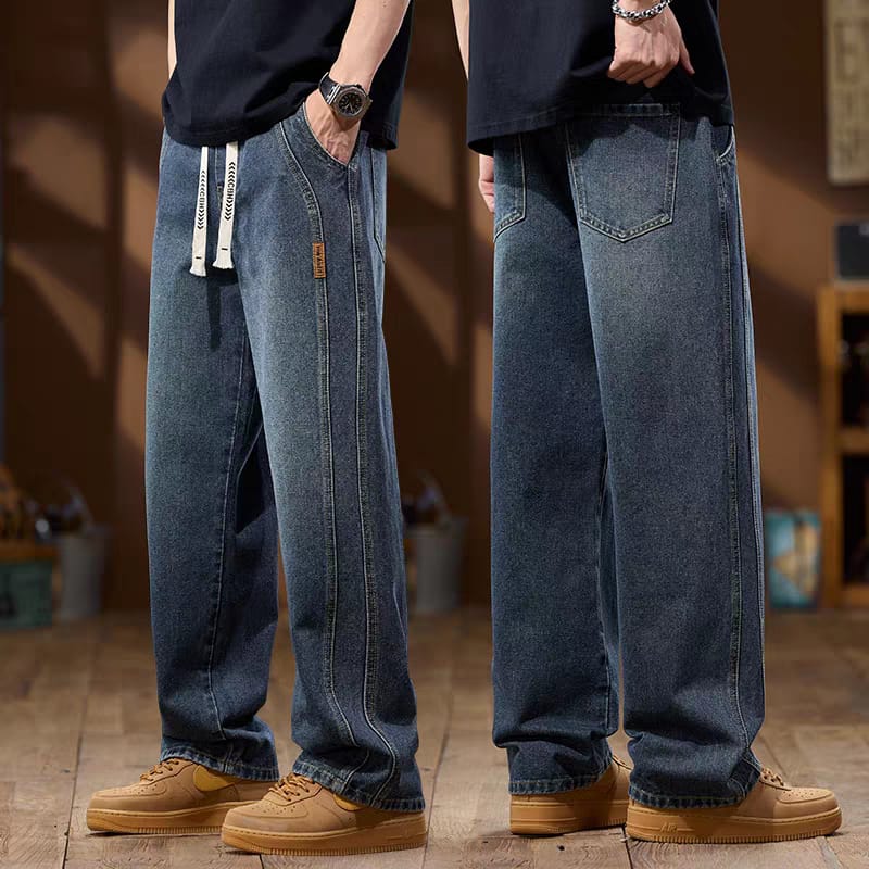 Men's Washed Dark Blue Relaxed Fit Drawstring Wide Leg Jeans