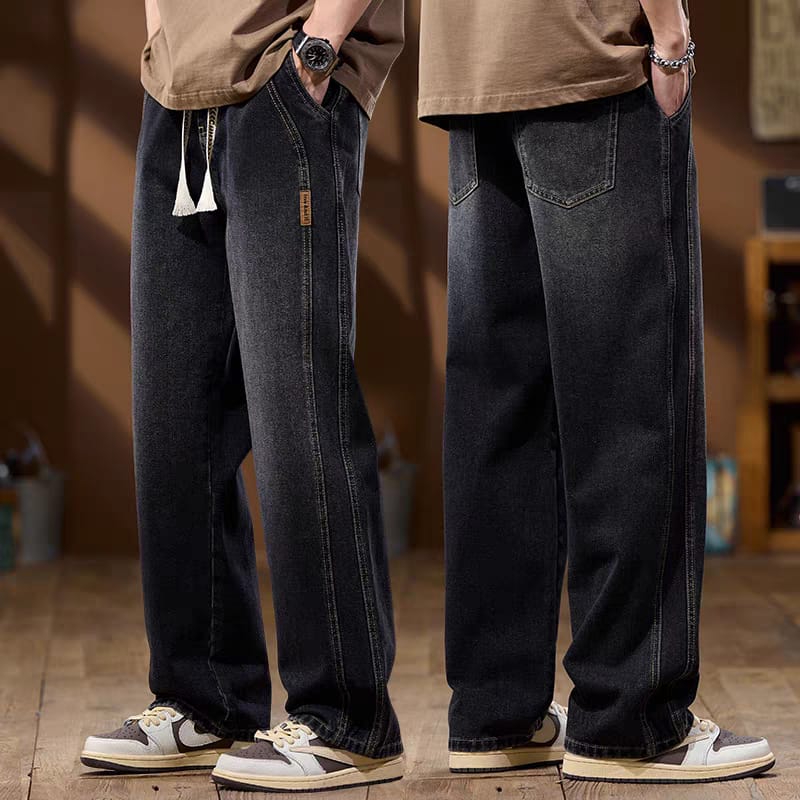 Men's Washed Black Relaxed Fit Drawstring Wide Leg Jeans