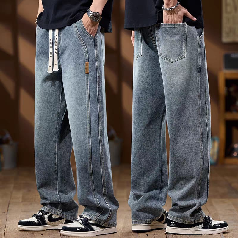 Men's Washed Light Blue Relaxed Fit Drawstring Wide Leg Jeans