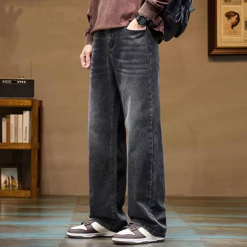 Men's Washed Dark Grey Relaxed Fit Wide Leg Jeans